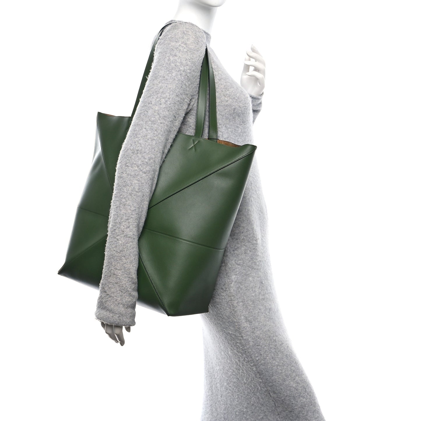 Shiny Calfskin Large Puzzle Fold Tote Hunter Green