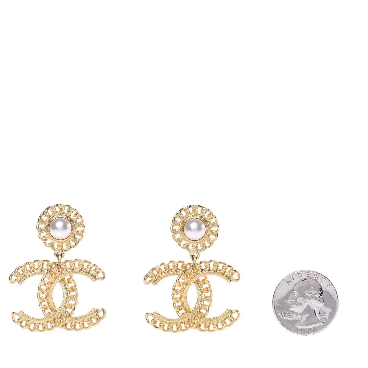 Chanel Metal Pearl CC Chain Drop Earrings Gold 2 of 5