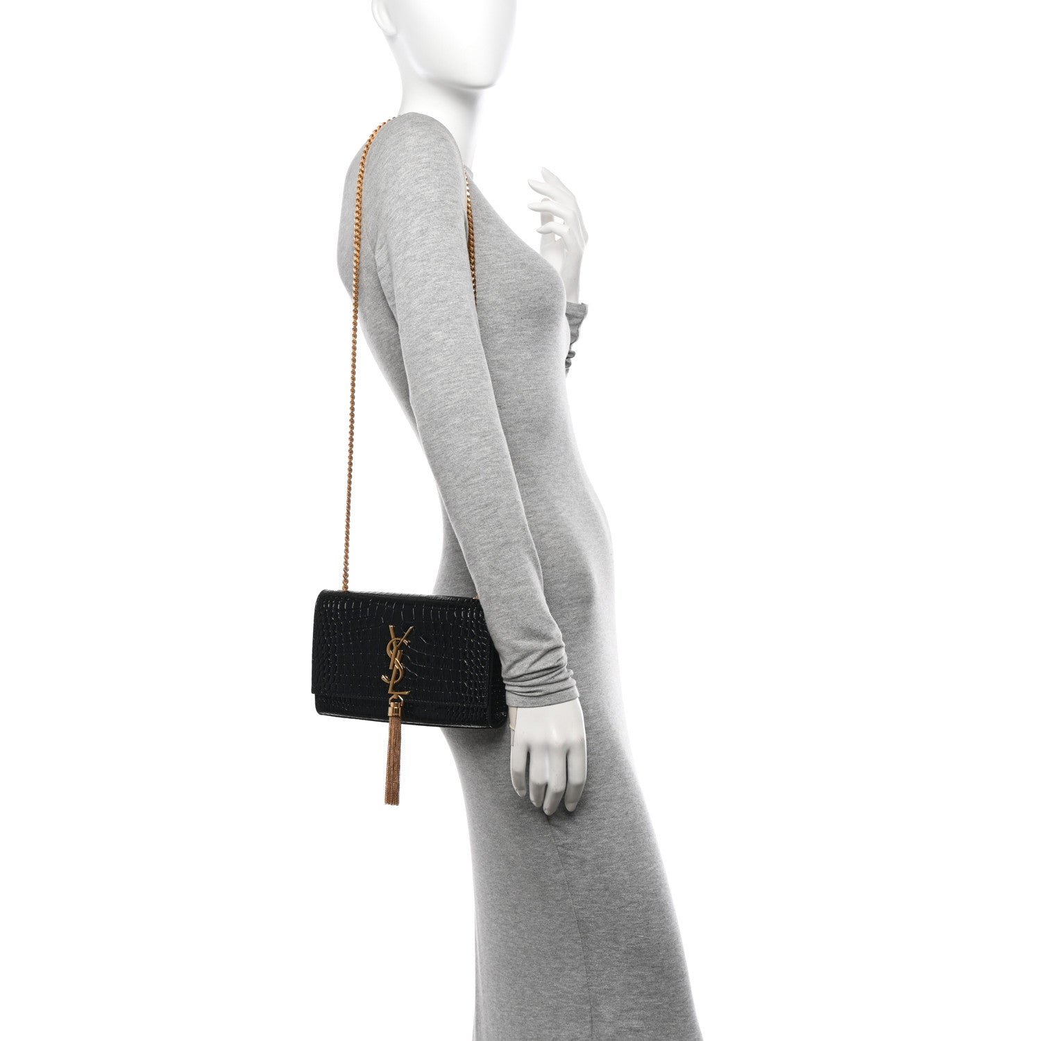 Saint Laurent Calfskin Crocodile Embossed Small Classic Monogram Kate Tassel Satchel Black 2 of 10