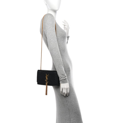 Saint Laurent Calfskin Crocodile Embossed Small Classic Monogram Kate Tassel Satchel Black 2 of 10
