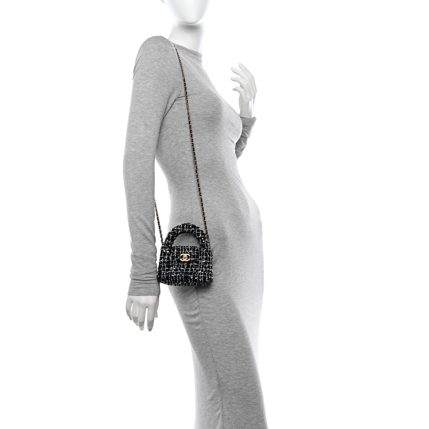Tweed Quilted Mini Nano Kelly Shopper Black White