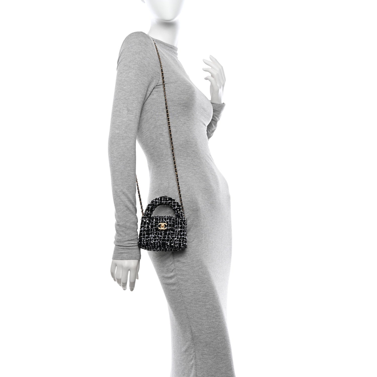 Chanel Tweed Quilted Mini Nano Kelly Shopper Black White 2 of 11
