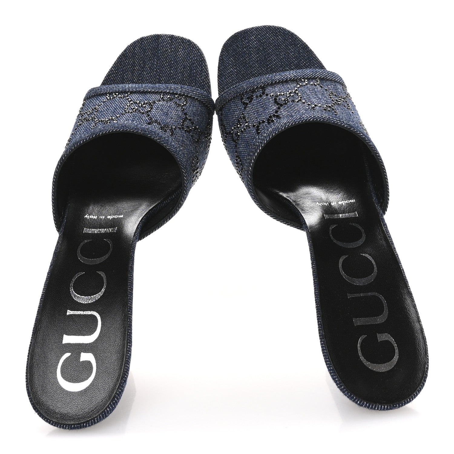 Gucci Denim Crystal GG Monogram Mules 38.5 Blue 2 of 9