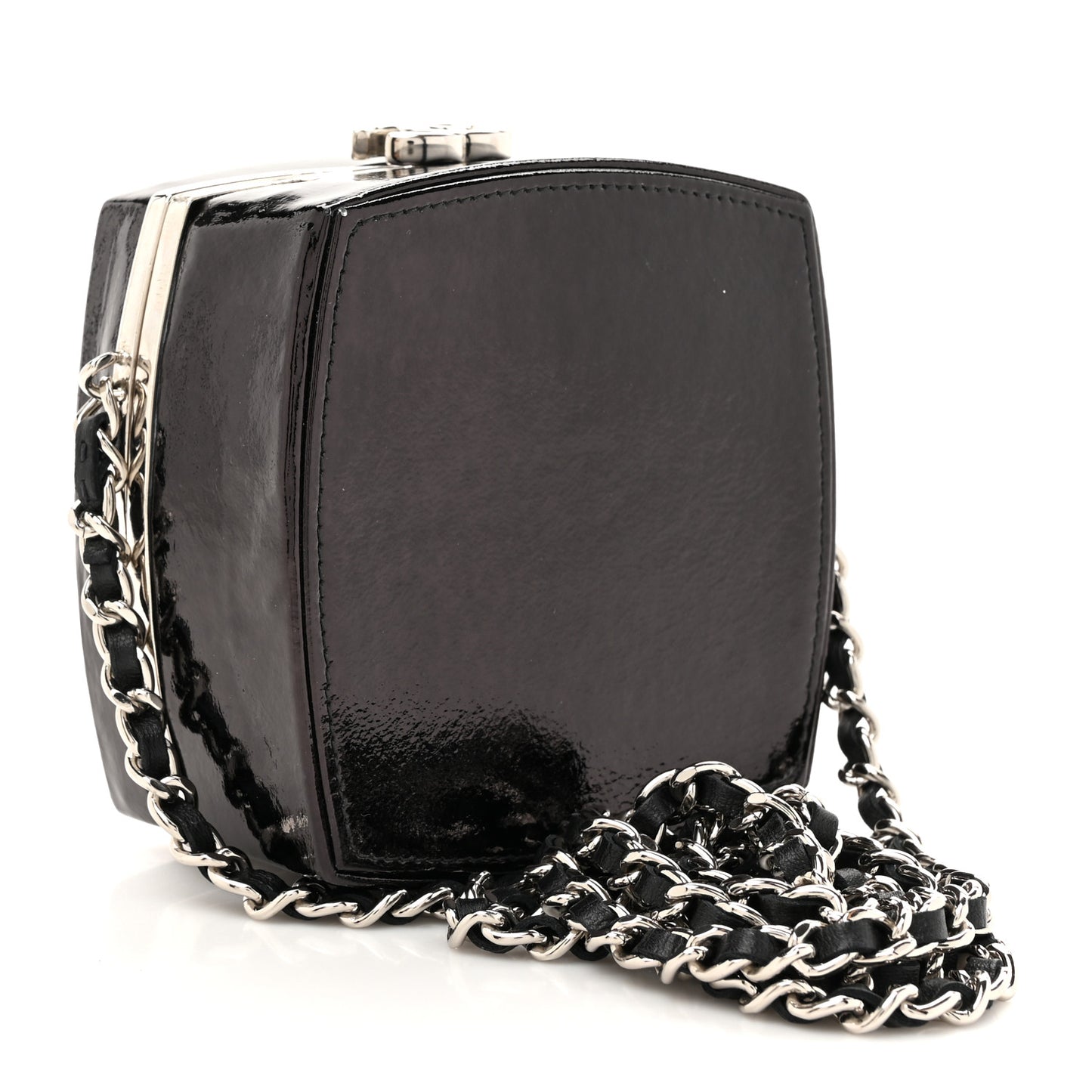 Patent Goatskin Make-Up Box Clutch With Chain  Black