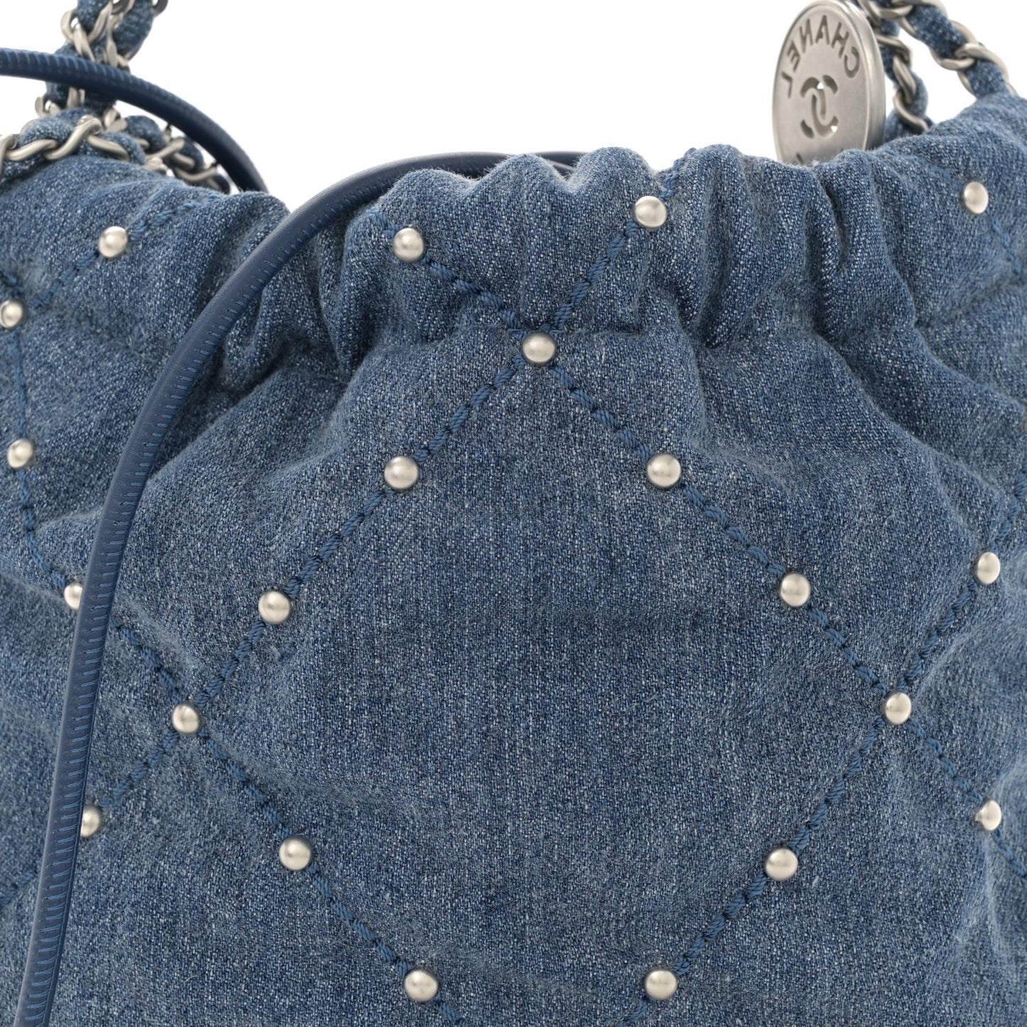 Washed Denim Quilted Studded Mini Chanel 22 Blue