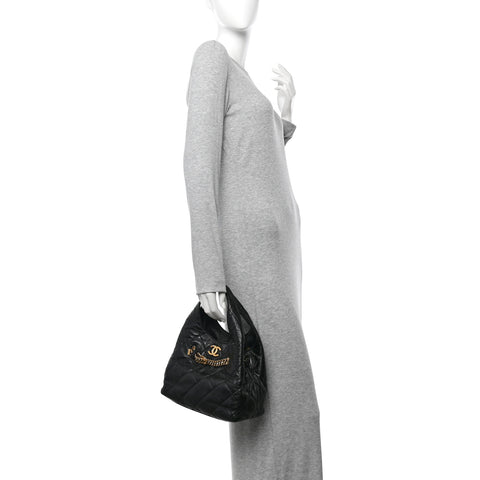 Shiny Lambskin Quilted CC Belt Shopping Bag Black