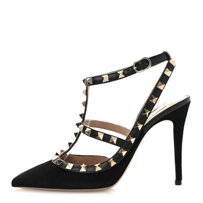 Valentino Garavani Suede Rockstud Ankle Strap Pumps 37 Black 1 of 12