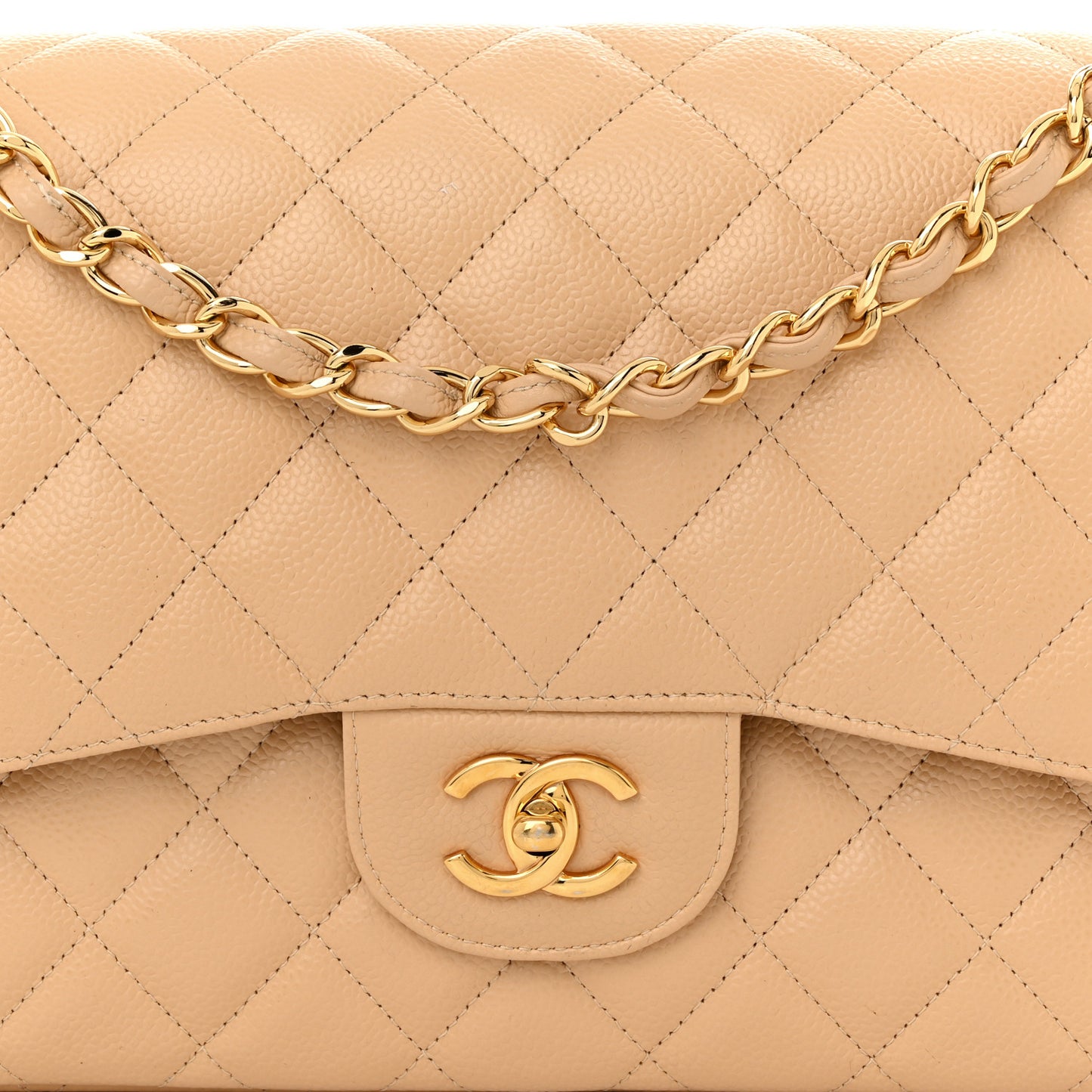 Caviar Quilted Jumbo Double Flap Beige