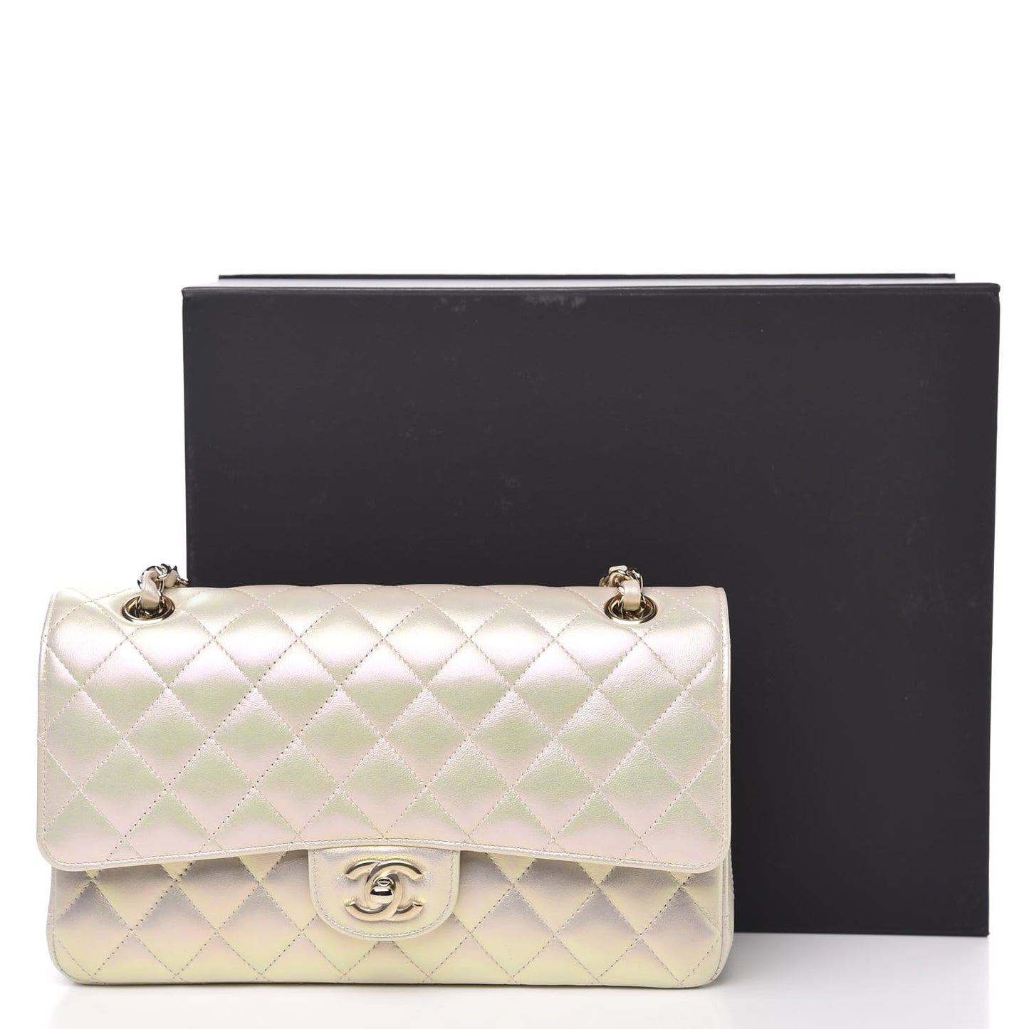 Iridescent Lambskin Quilted Medium Double Flap Ivory