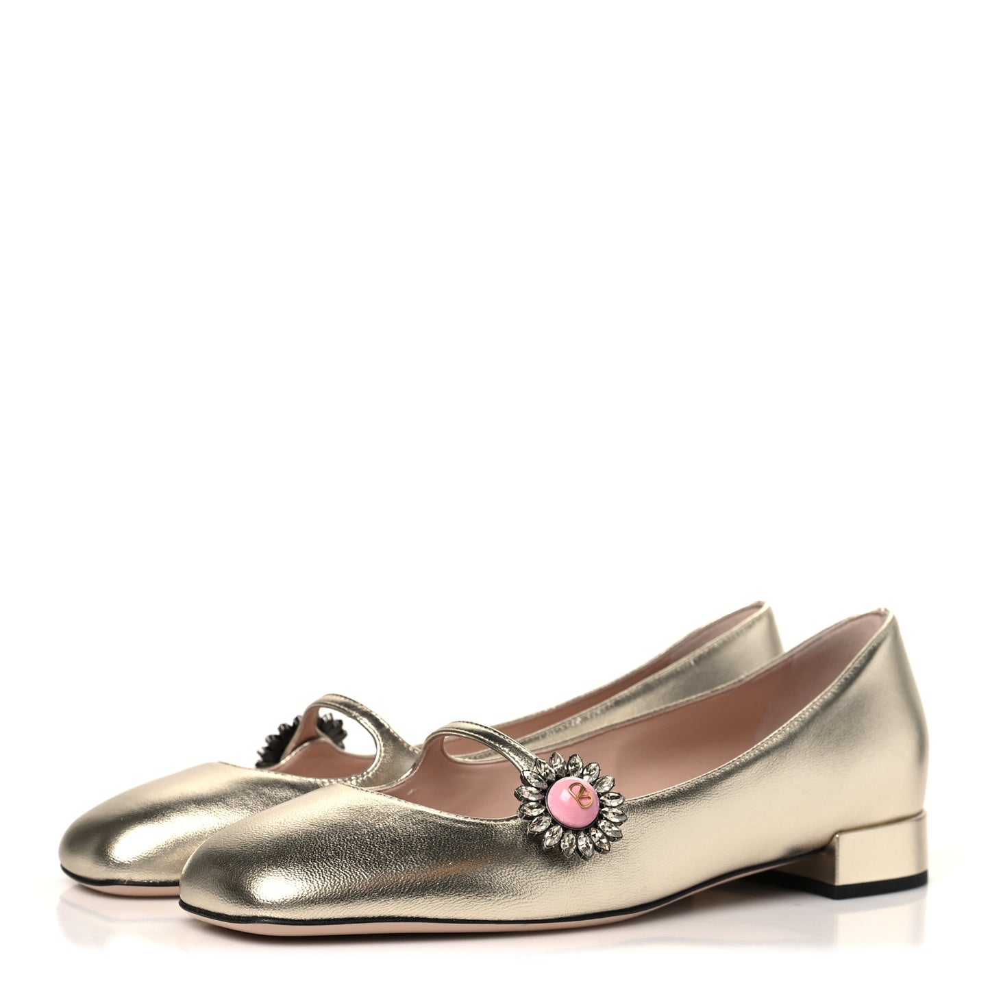 Metallic Kidskin Jewel Button Mary Jane Flats 38.5 Gold Pink
