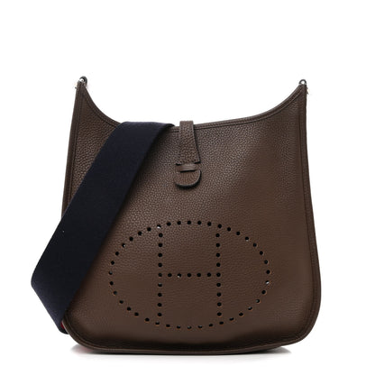 Hermes Taurillon Clemence Amazone Evelyne III PM Chocolate Rouge Casaque Bleu Saphir 1 of 11