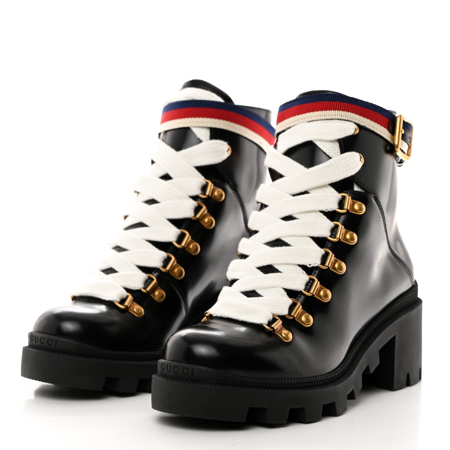 Gucci Calfskin Sylvie Web Womens Lace Up Combat Boots 35.5 Black 3 of 9