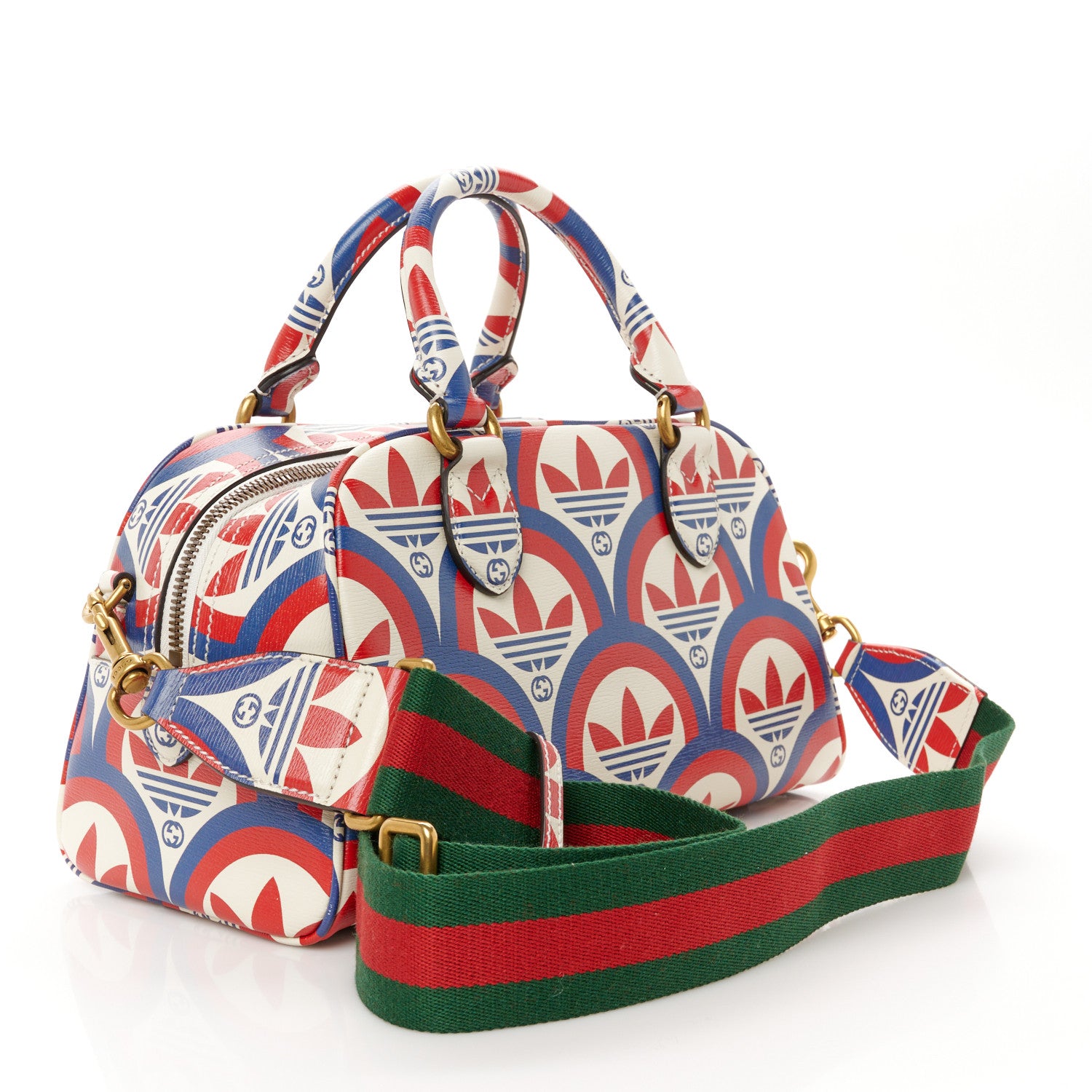 Gucci X ADIDAS Shangai Calfskin Web Trefoil Interlocking G Mini Duffle Bag Red White Blue 3 of 10