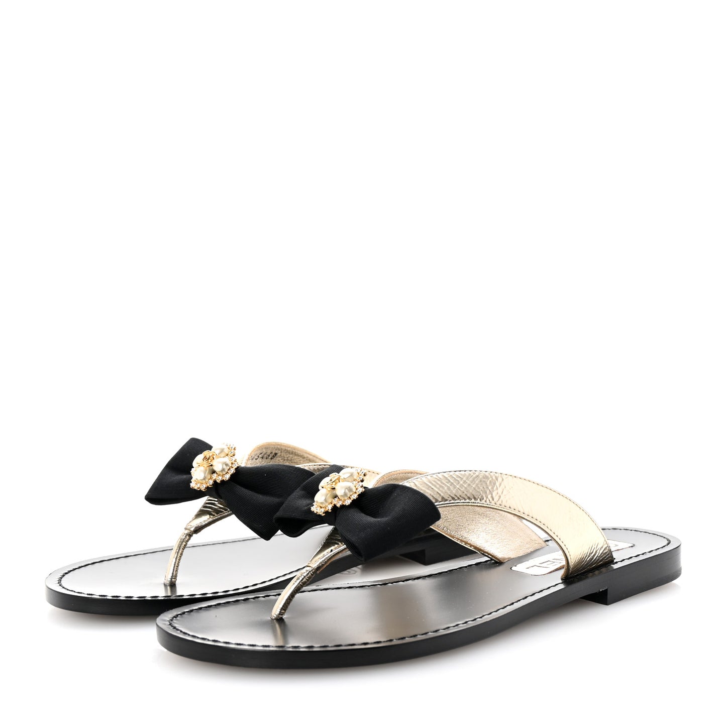 Metallic Laminated Goatskin Grosgrain Bow Pearl Thong Sandals 38 Black Gold