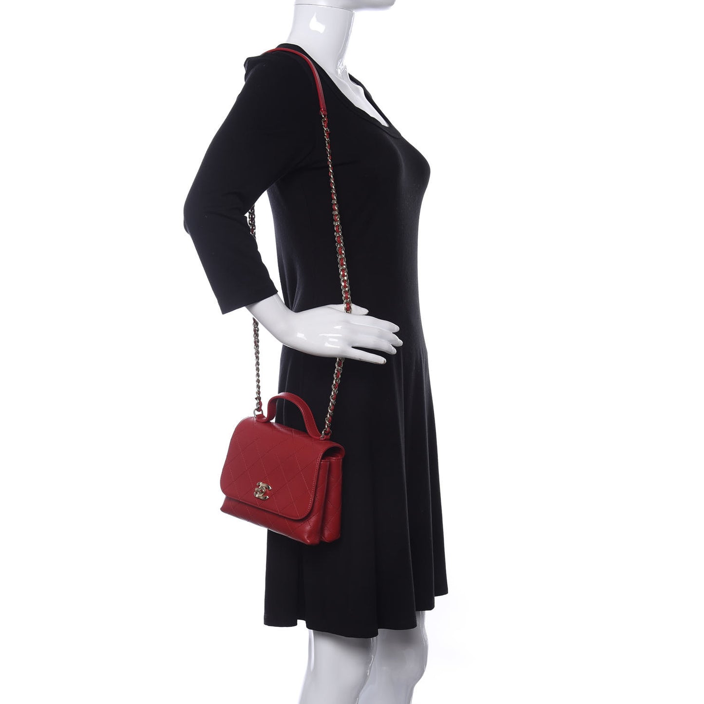 Calfskin Quilted Small Double Pocket Top Handle Flap Red
