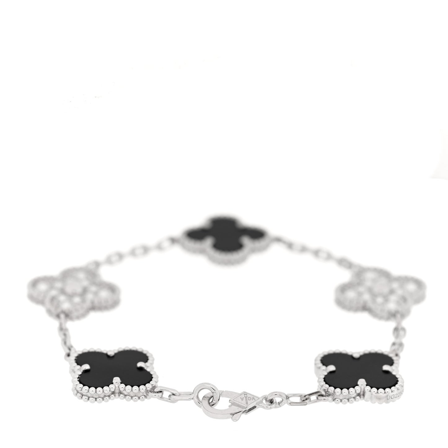 18K White Gold Diamond Black Onyx 5 Motifs Vintage Alhambra Bracelet
