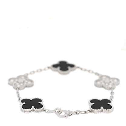 Van Cleef & Arpels 18K White Gold Diamond Black Onyx 5 Motifs Vintage Alhambra Bracelet 2 of 4