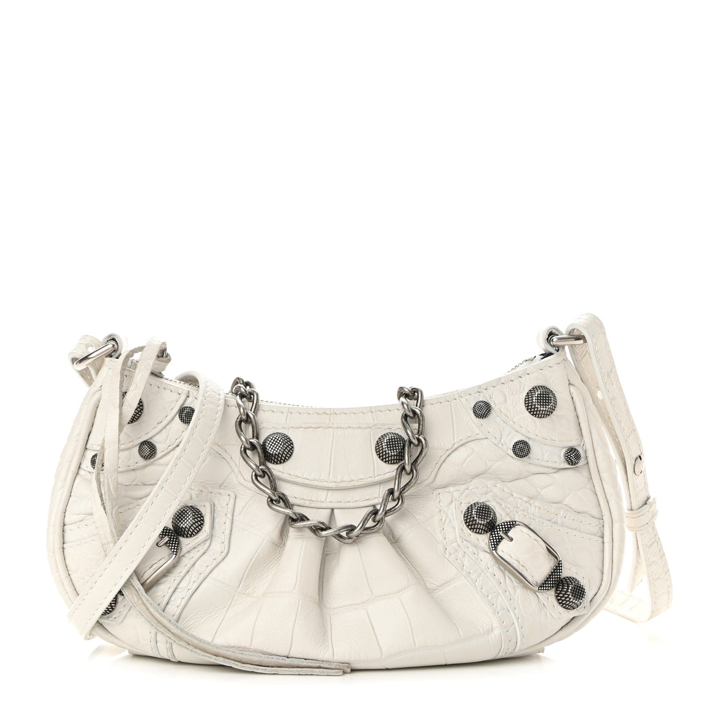 Extra Supple Calfskin Crocodile Embossed Le Cagole Mini Purse With Chain White