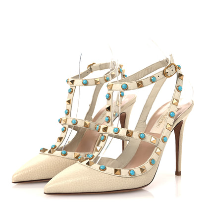 Valentino Garavani Pebbled Calfskin Turquoise Rockstud Rolling Ankle Strap 100mm Pumps 37.5 Ivory 4 of 15