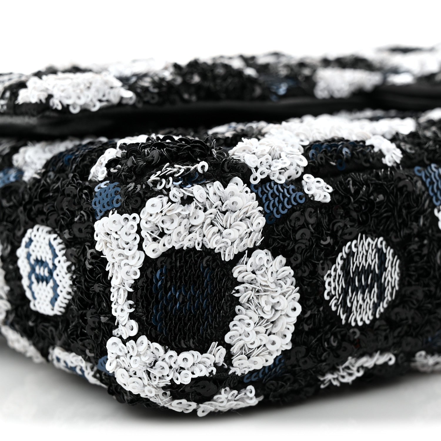 Chanel Satin Sequin Embellished Flower East West Flap Black White Blue 9 of 10
