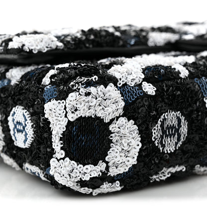 Chanel Satin Sequin Embellished Flower East West Flap Black White Blue 9 of 10