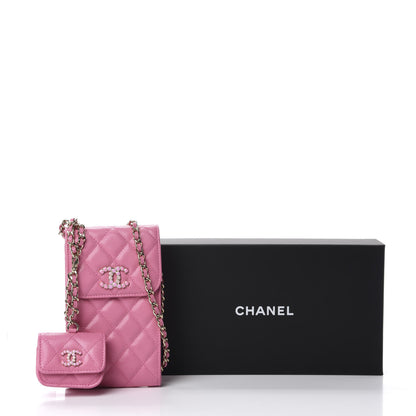 Chanel Caviar Quilted Crystal CC Airpods Pro and Phone Case With Chain Pink 12 of 12