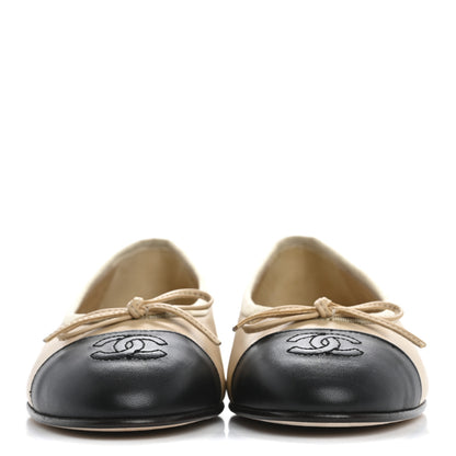 Chanel Lambskin Cap Toe CC Ballerina Flats 37 Beige Black 3 of 10