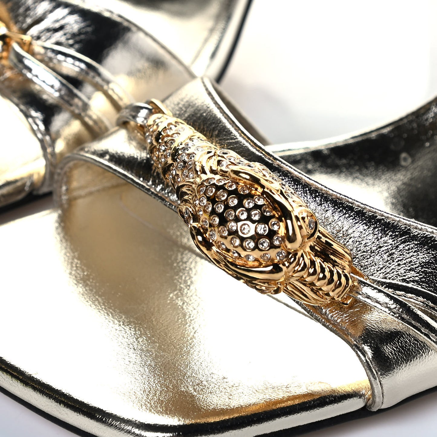 Metallic Nappa Dora Tiger Head Mid Heel Slide Sandals 37 Platino
