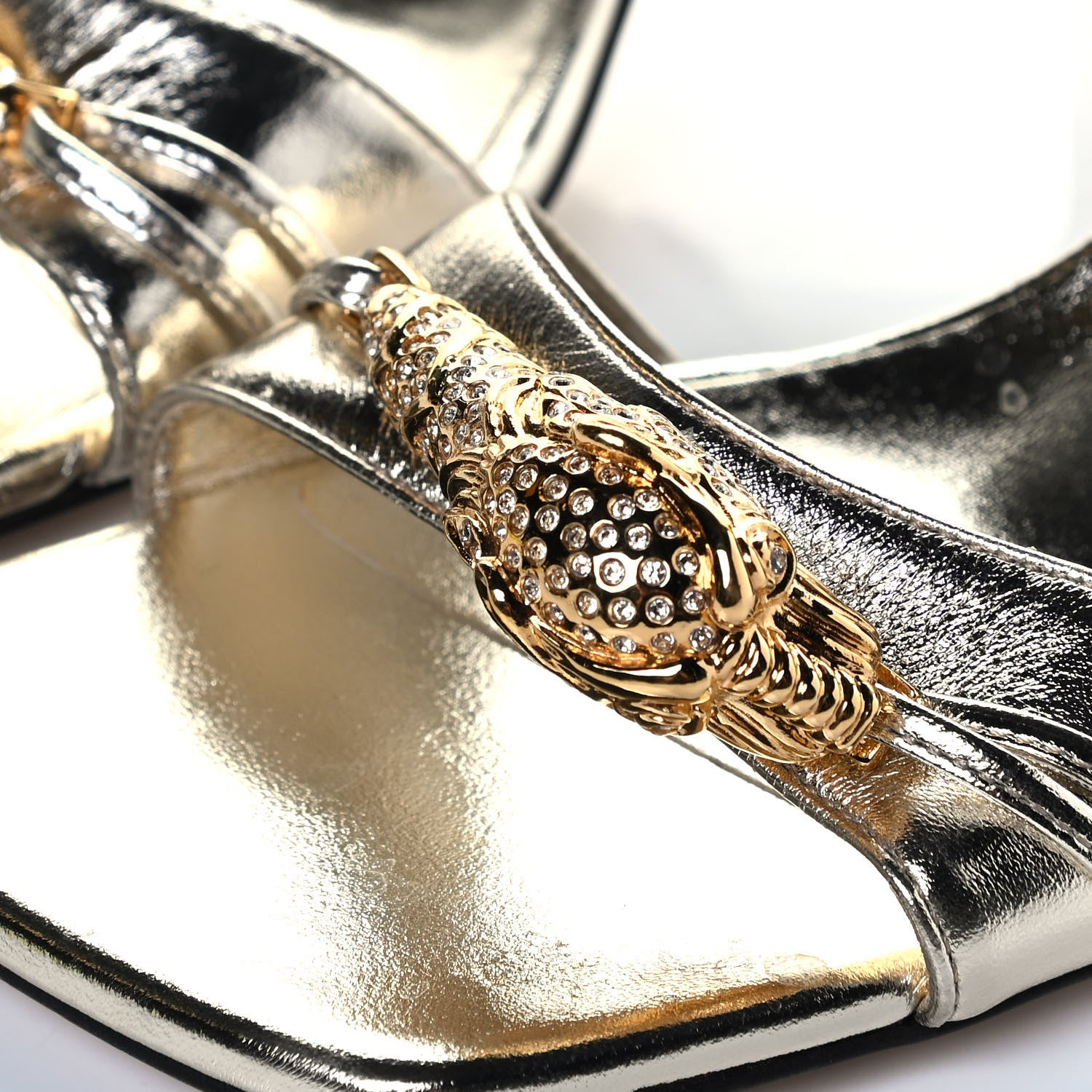Gucci Metallic Nappa Dora Tiger Head Mid Heel Slide Sandals 37 Platino 7 of 7