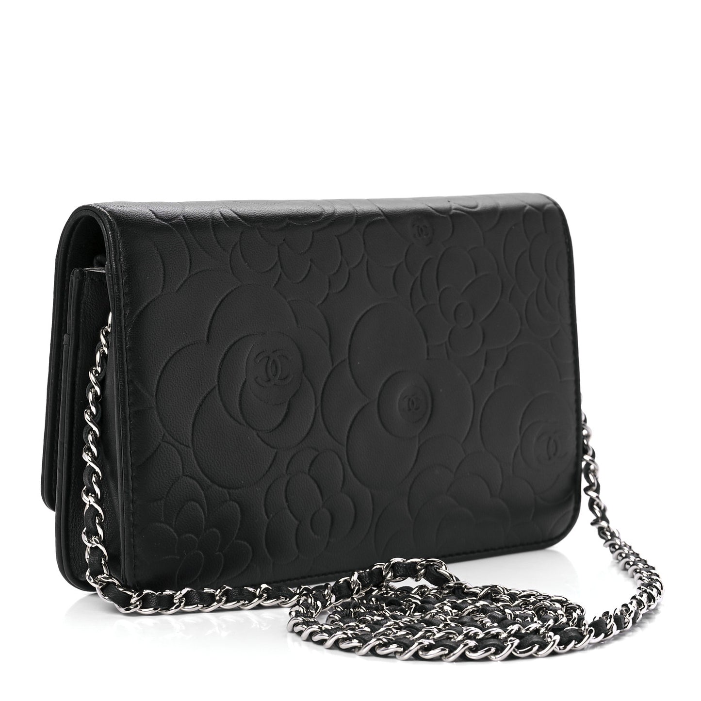 Lambskin Camellia Embossed Wallet on Chain WOC Black