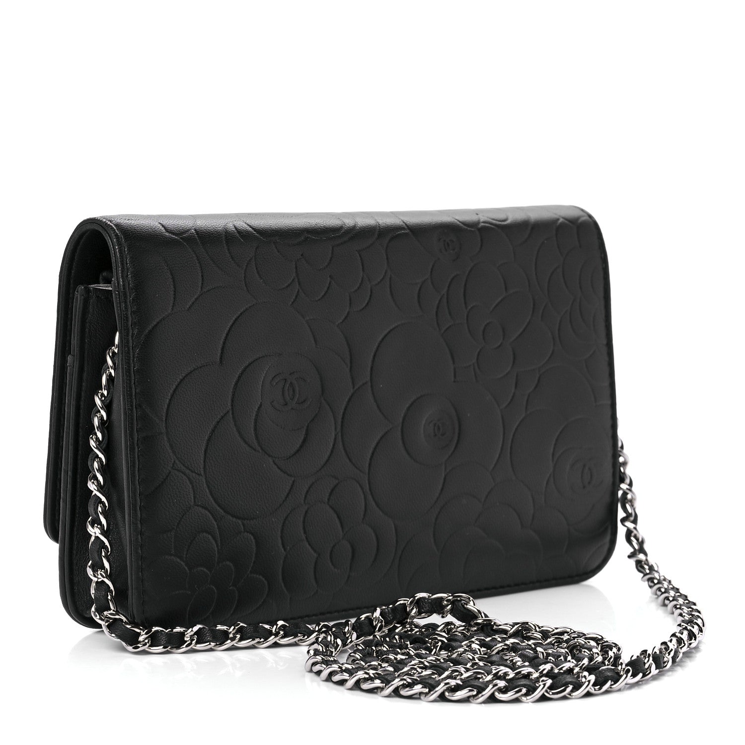 Chanel Lambskin Camellia Embossed Wallet on Chain WOC Black 3 of 12