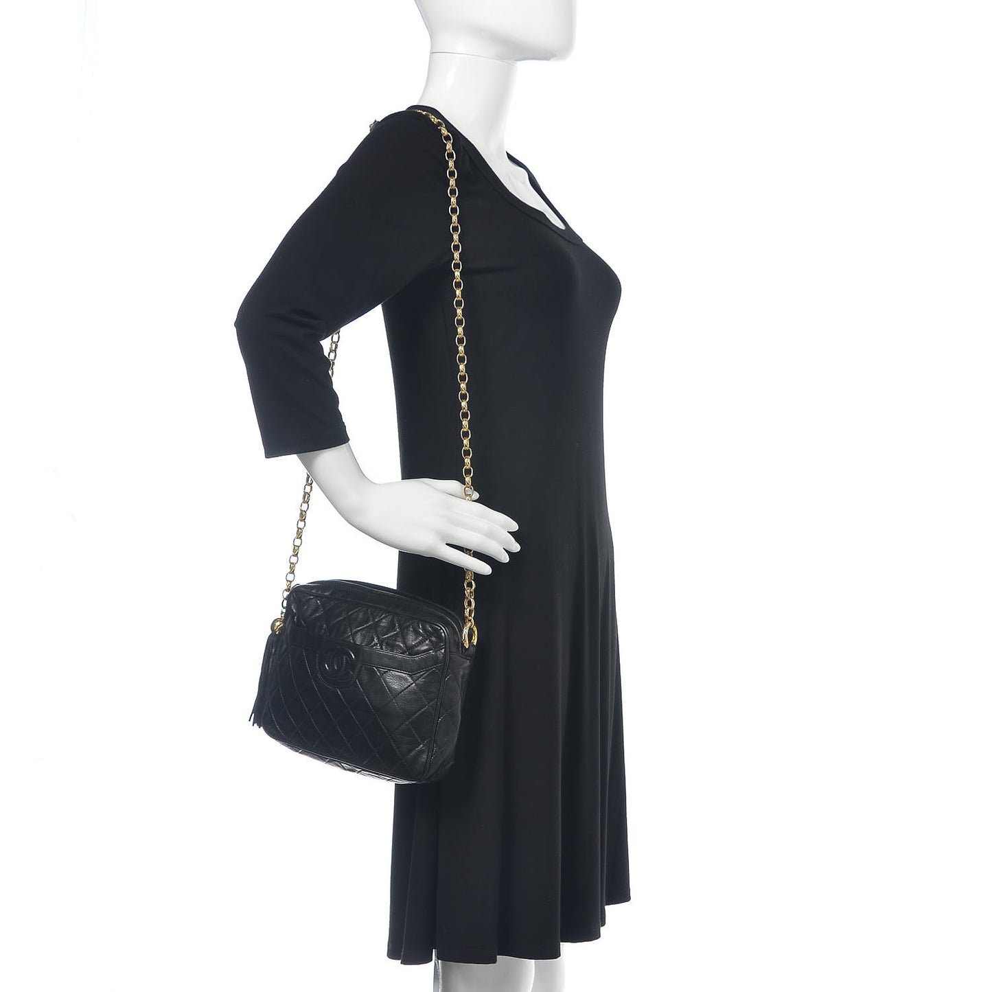 Lambskin Quilted CC Tassel Camera Case Black