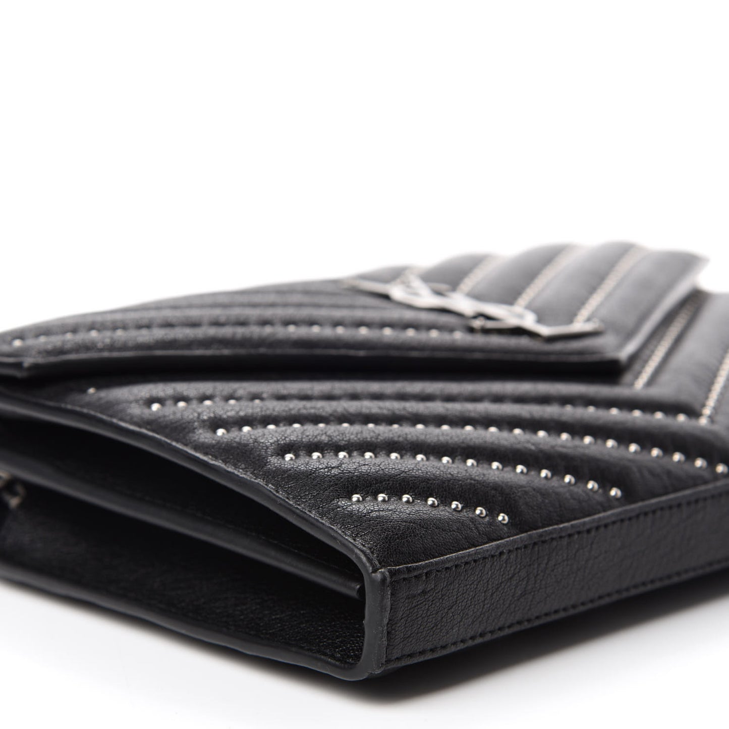 Sheepskin Matelasse Chevron Studded Monogram Chain Wallet Black