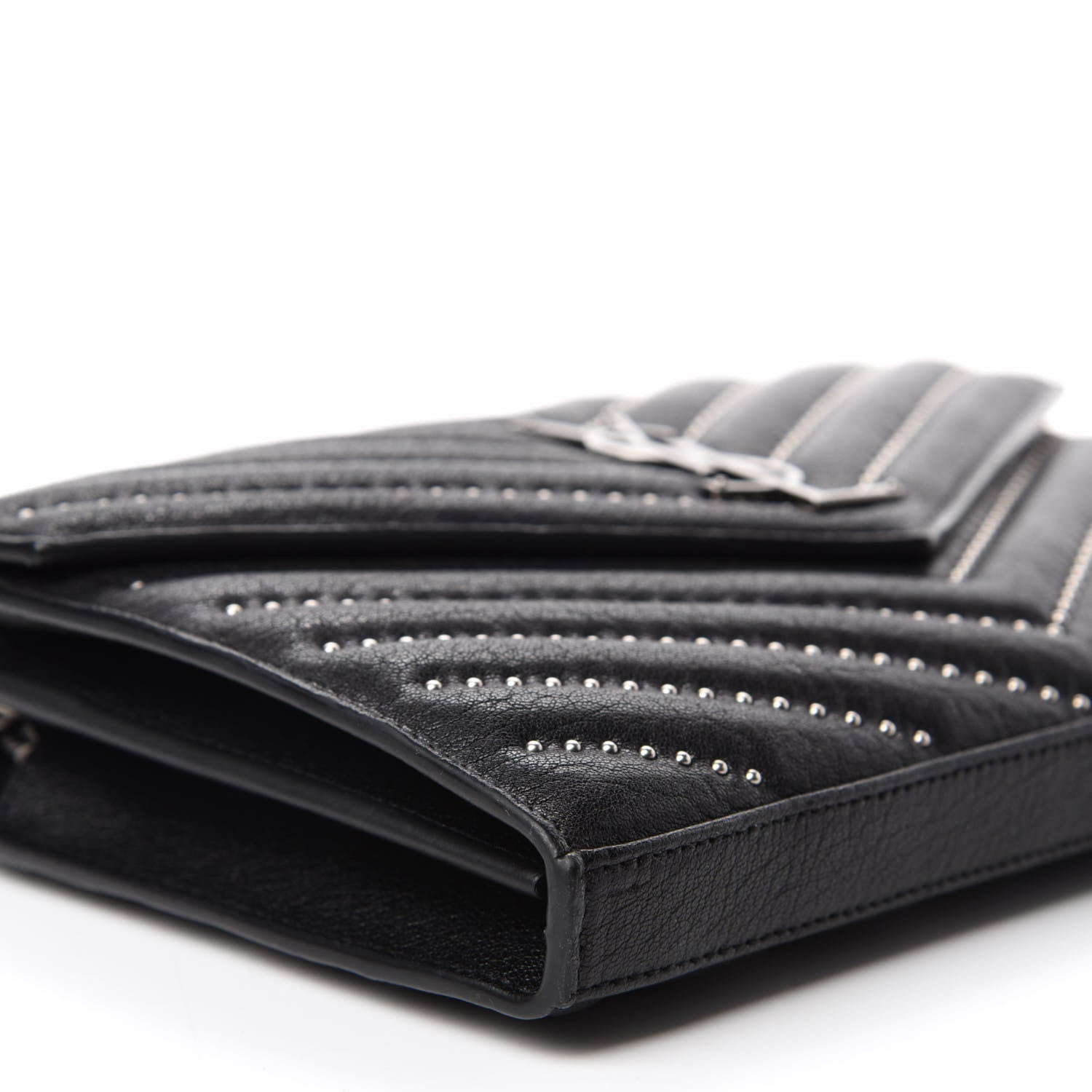 Saint Laurent Sheepskin Matelasse Chevron Studded Monogram Chain Wallet Black 6 of 10