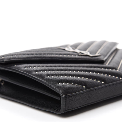 Saint Laurent Sheepskin Matelasse Chevron Studded Monogram Chain Wallet Black 6 of 10
