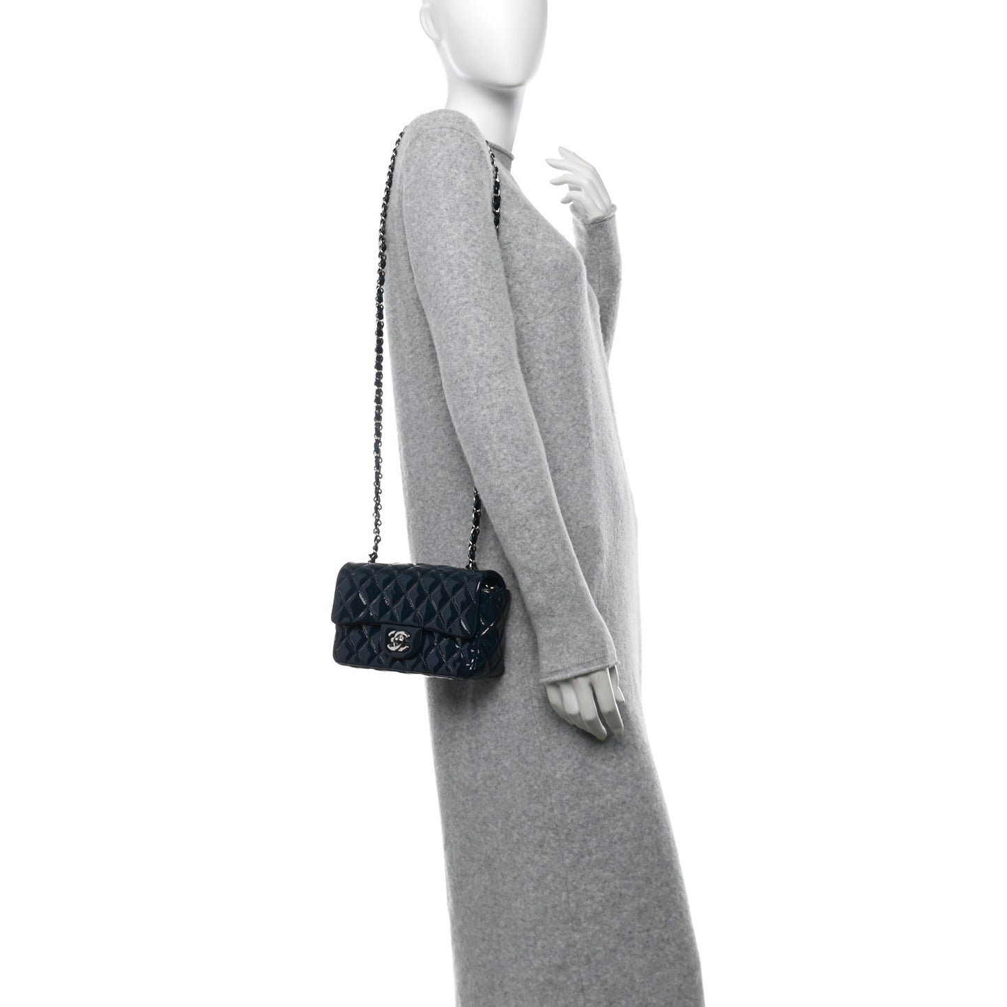 Patent Calfskin Quilted Mini Rectangular Flap Navy Blue