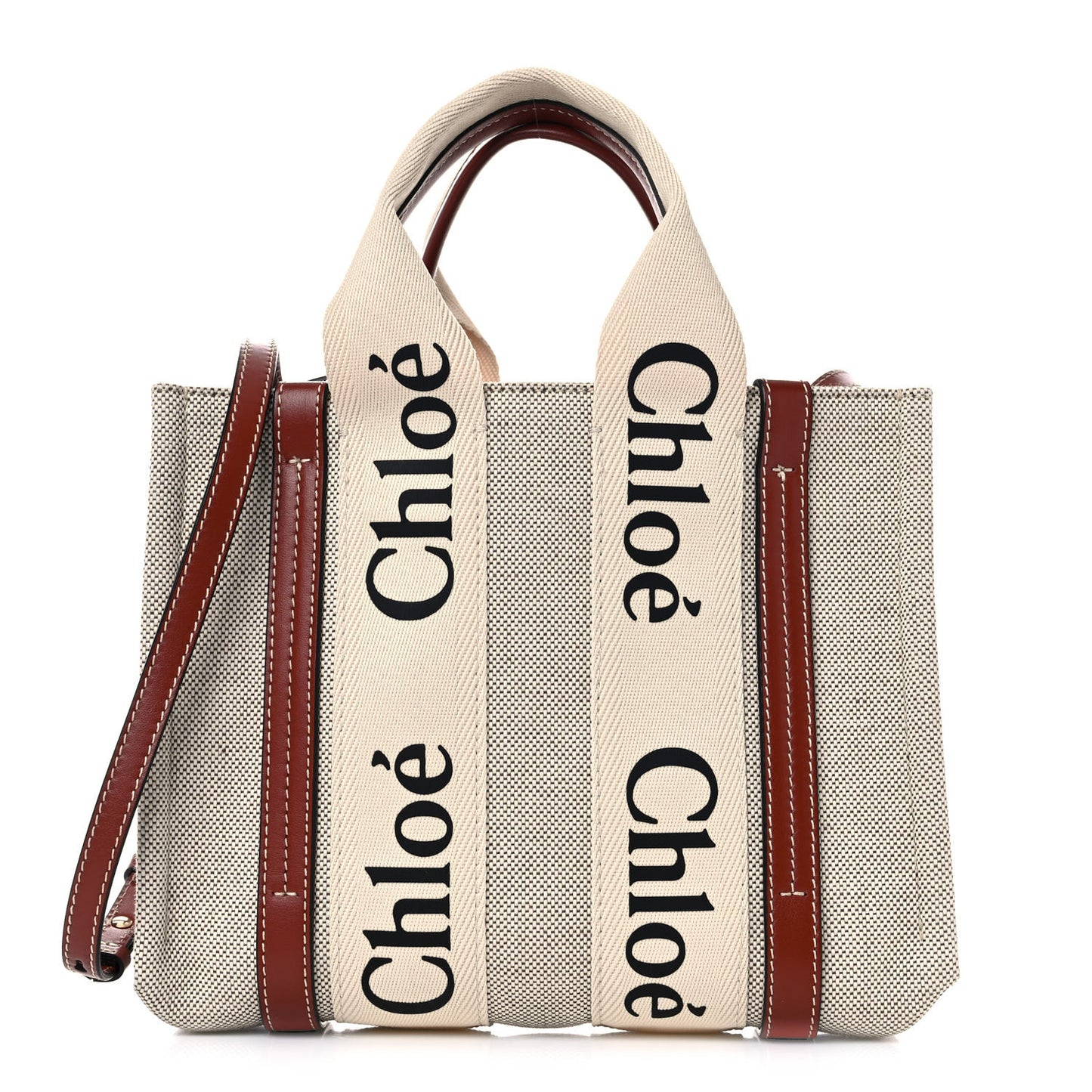 Cotton Calfskin Small Woody Ribbon Tote With Strap White Brown