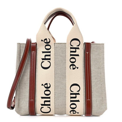 Chloe Cotton Calfskin Small Woody Ribbon Tote With Strap White Brown 2 of 20