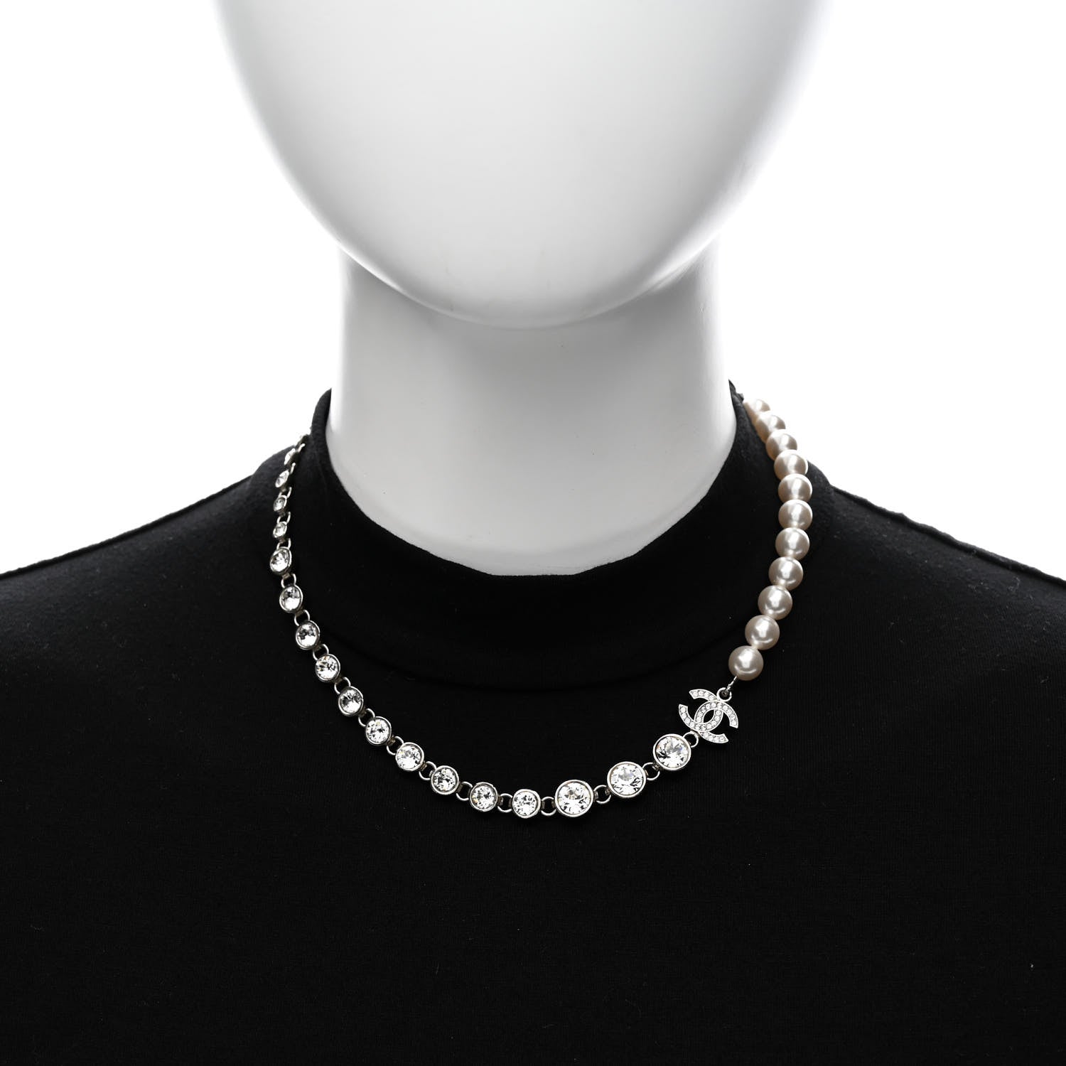 Chanel Pearl Crystal CC Choker Necklace Silver Pearly White 2 of 7