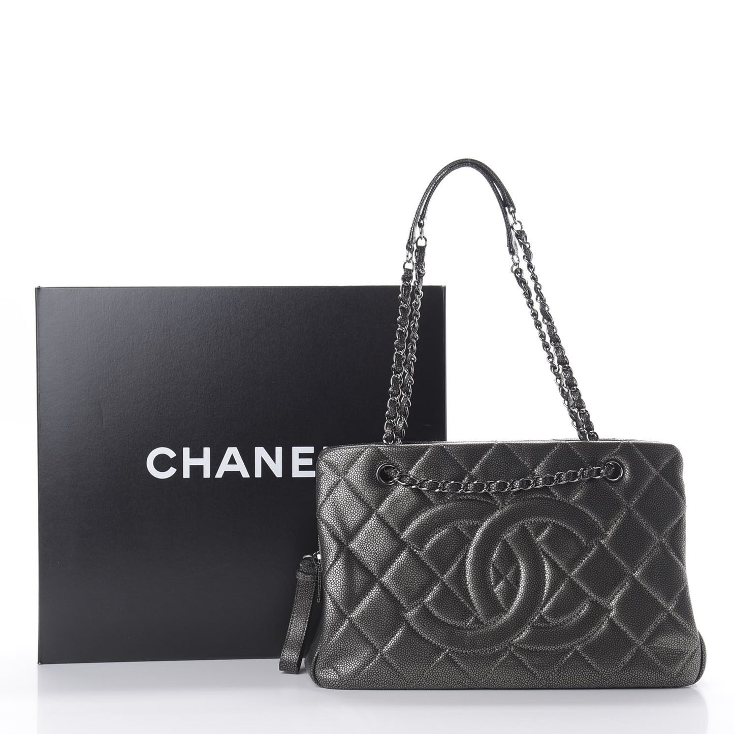 Metallic Caviar Quilted CC Tote Dark Silver