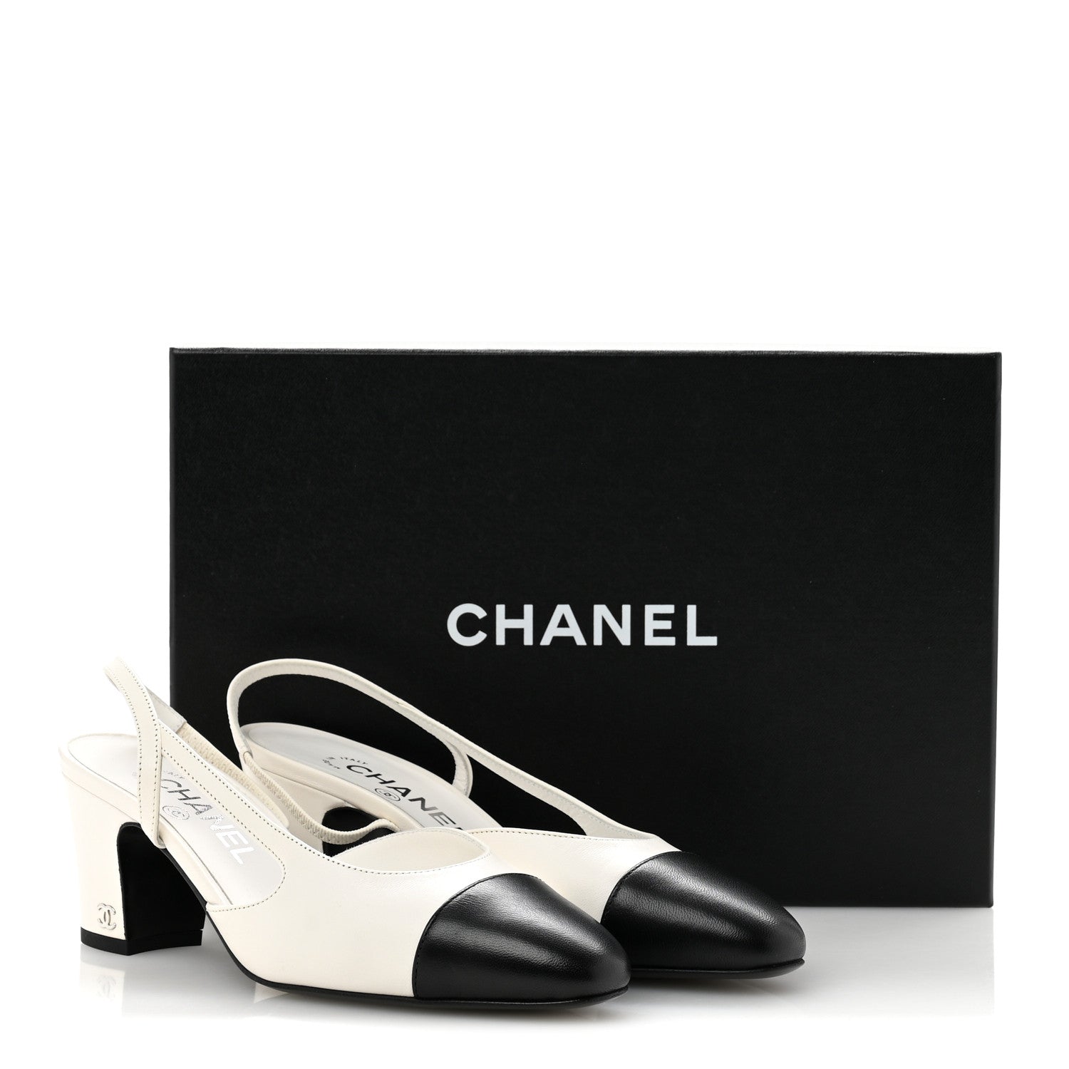 Chanel Lambskin Cap Toe CC Slingback Pumps 36.5 White Black
