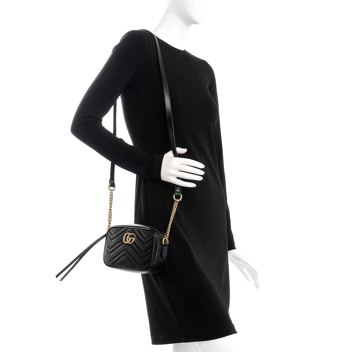 Gucci Calfskin Matelasse Mini GG Marmont Chain Shoulder Bag Black 2 of 7