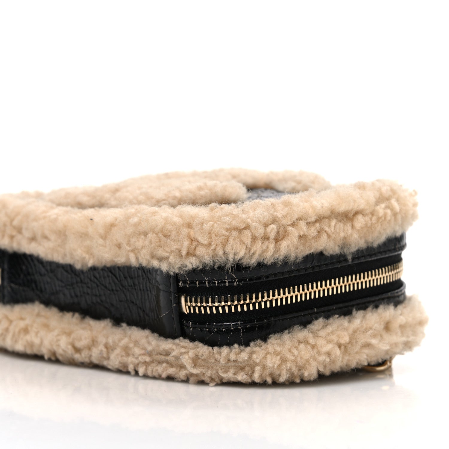 Chanel Shiny Crumpled Sheepskin Shearling Waist Bag Black Beige