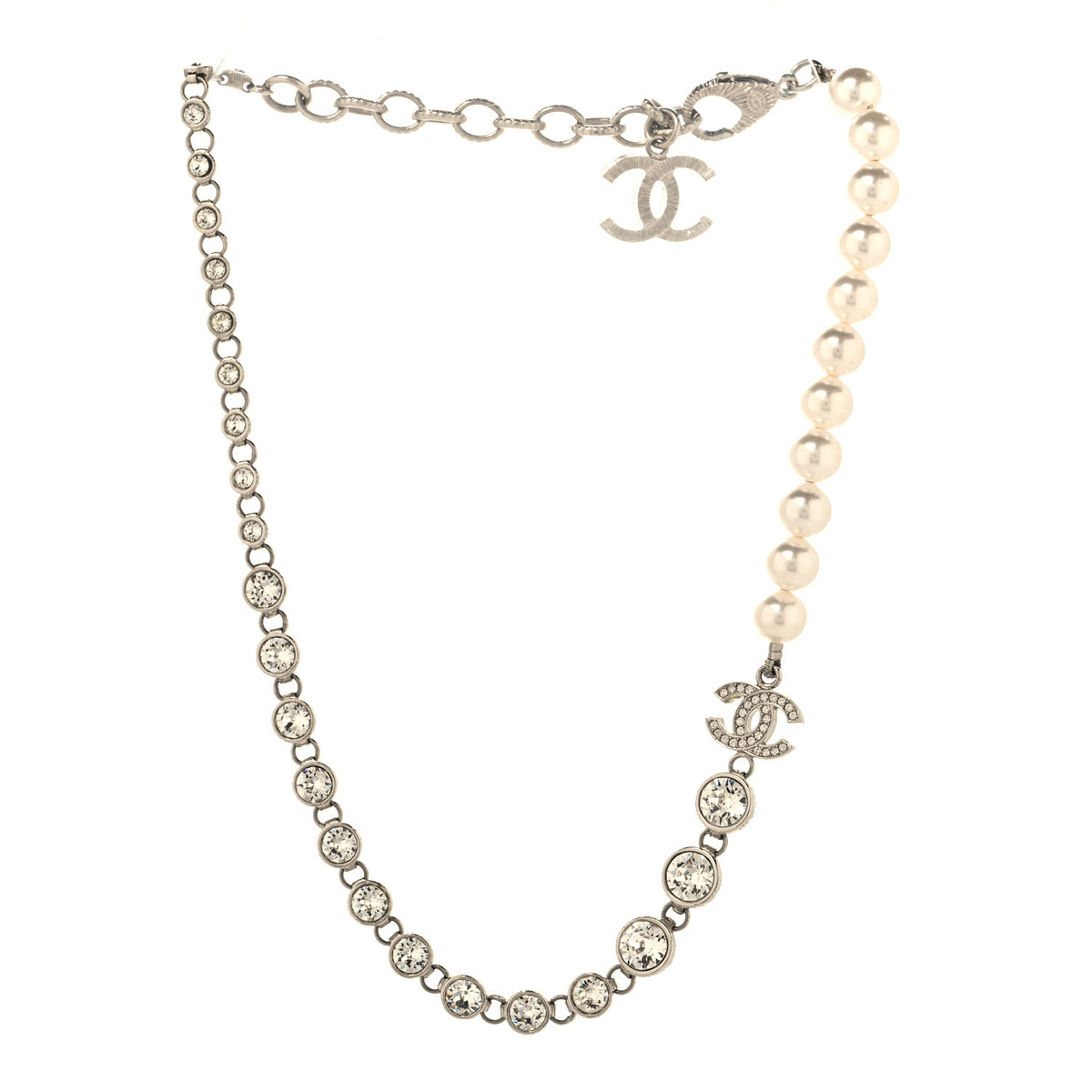 Chanel Pearl Crystal CC Choker Necklace Silver 3 of 5