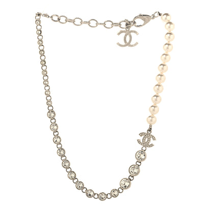 Chanel Pearl Crystal CC Choker Necklace Silver 3 of 5