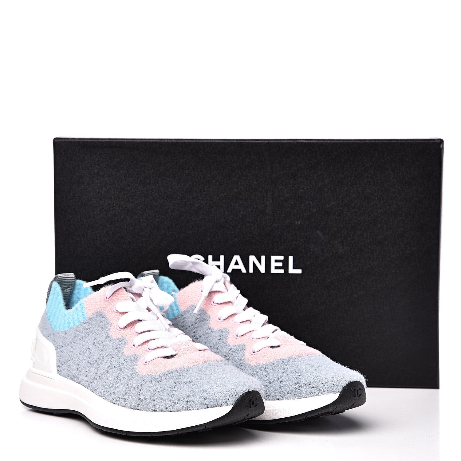 Chanel Mixed Fabrics Knit Sneakers 35 Grey Pink Blue 10 of 10