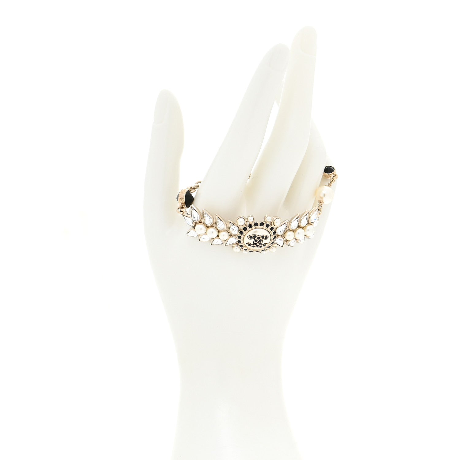 Chanel Pearl Crystal Beaded CC Bracelet Black Gold 2 of 5