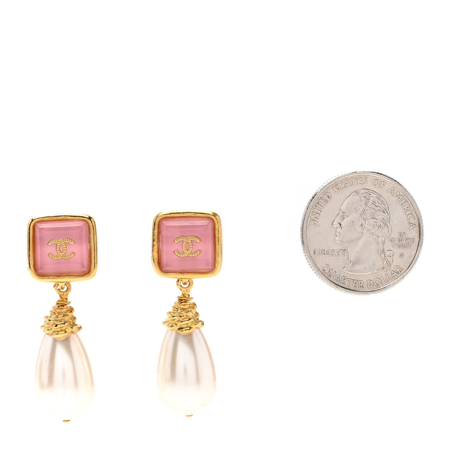Pearl Enamel CC Square Drop Earrings Gold Pink