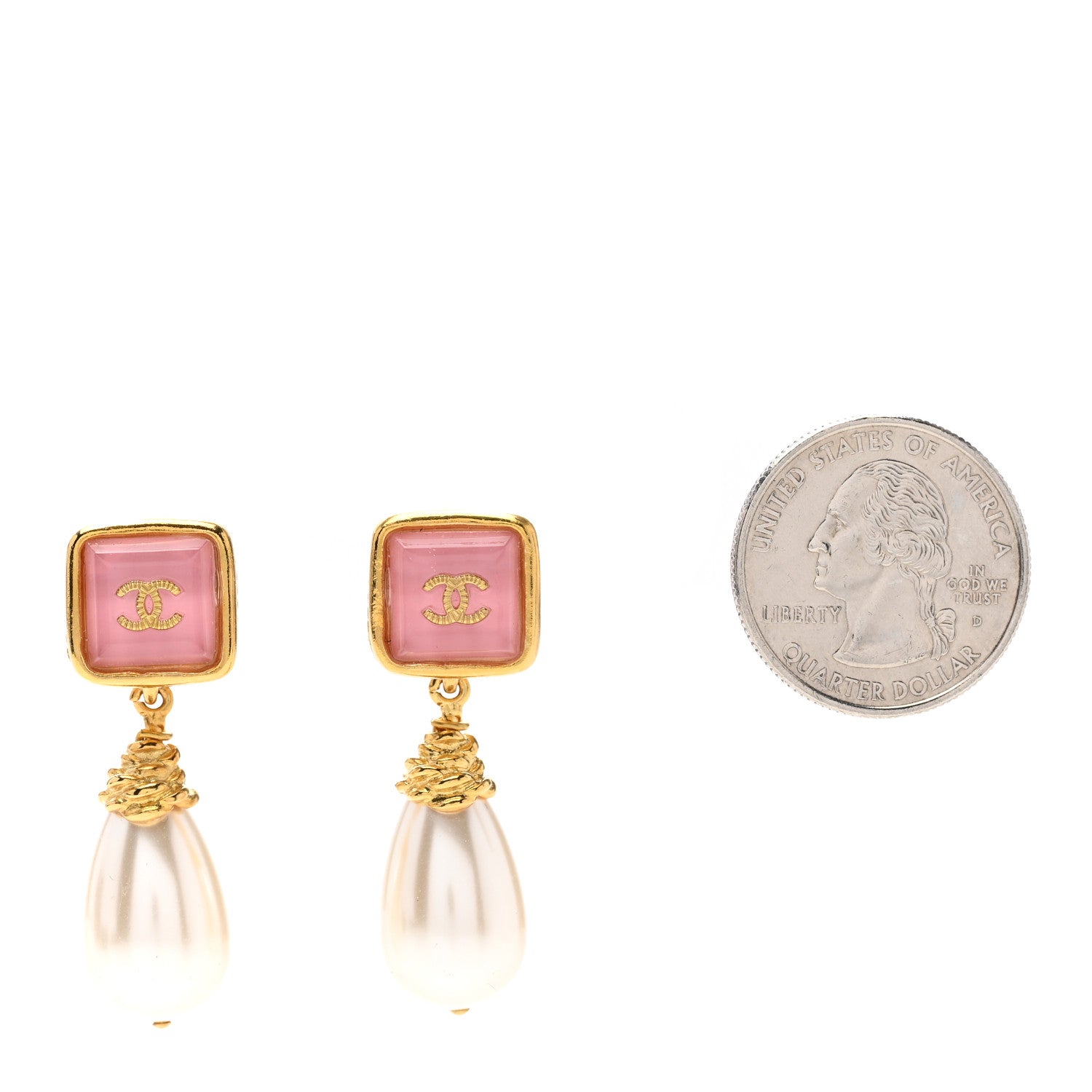 Chanel Pearl Enamel CC Square Drop Earrings Gold Pink 2 of 5