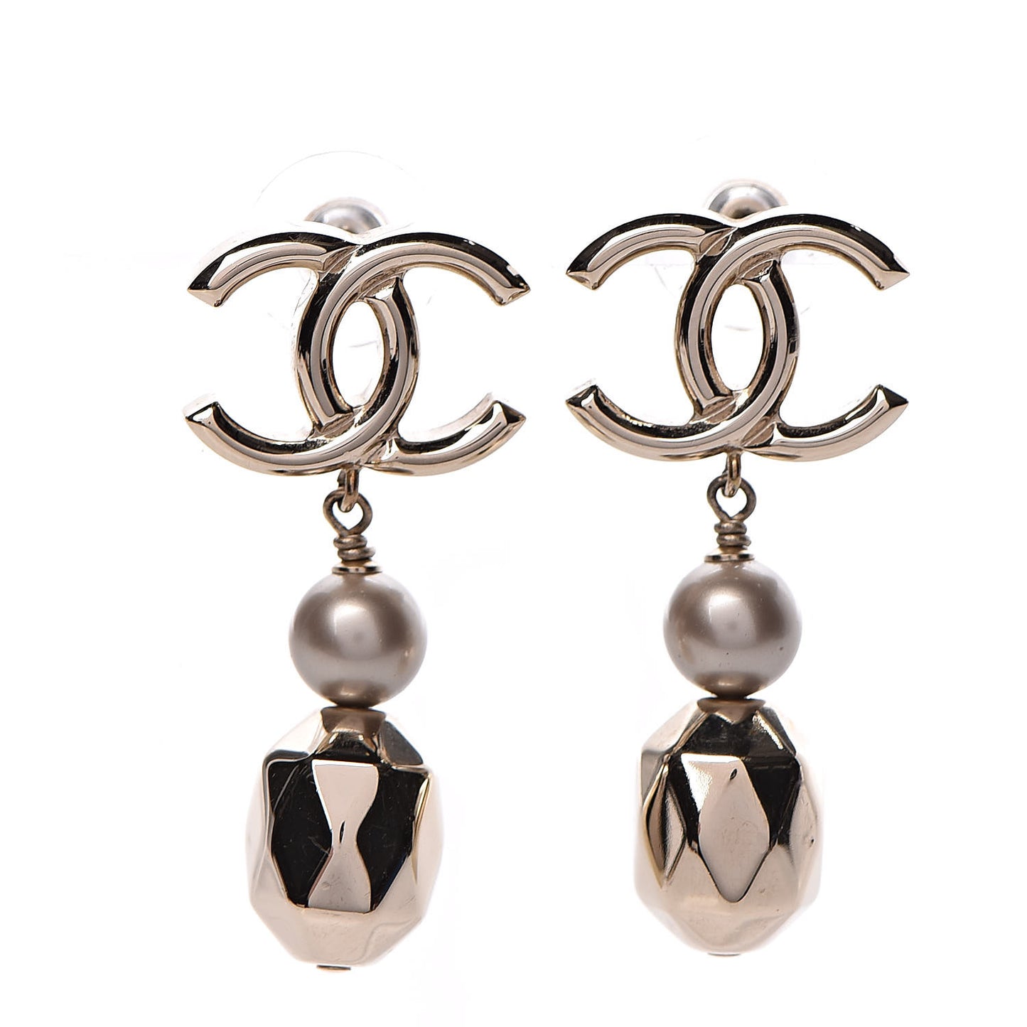 Metal Bead Pearl CC Drop Earrings Golden